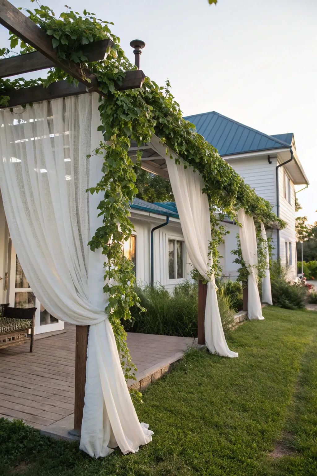 A pergola adorned with curtains, creating a private and elegant space.