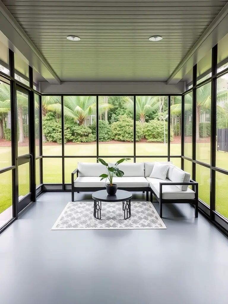 Modern minimalist screened-in porch with a white couch, black coffee table, and greenery outside.