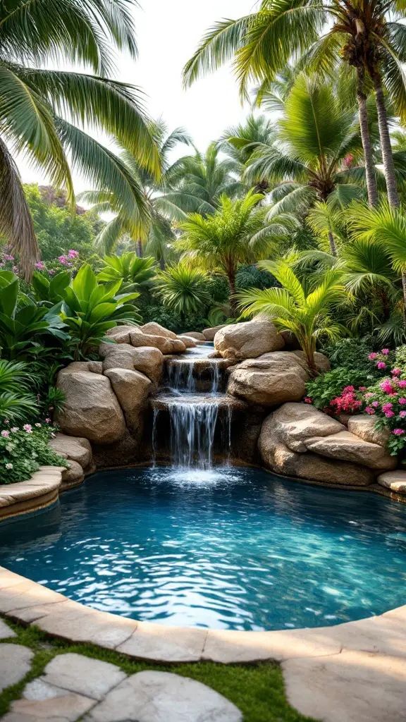 A beautiful small pool with a waterfall surrounded by lush landscaping and colorful flowers.