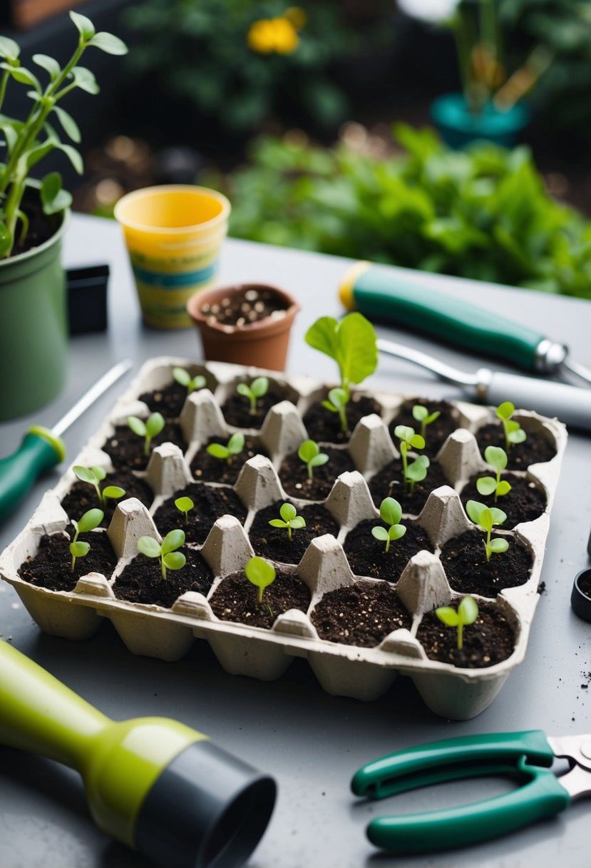 An egg carton sits on a table, filled with soil and tiny seedlings sprouting from each compartment. Surrounding it are various gardening tools and materials, hinting at a budget-friendly garden project