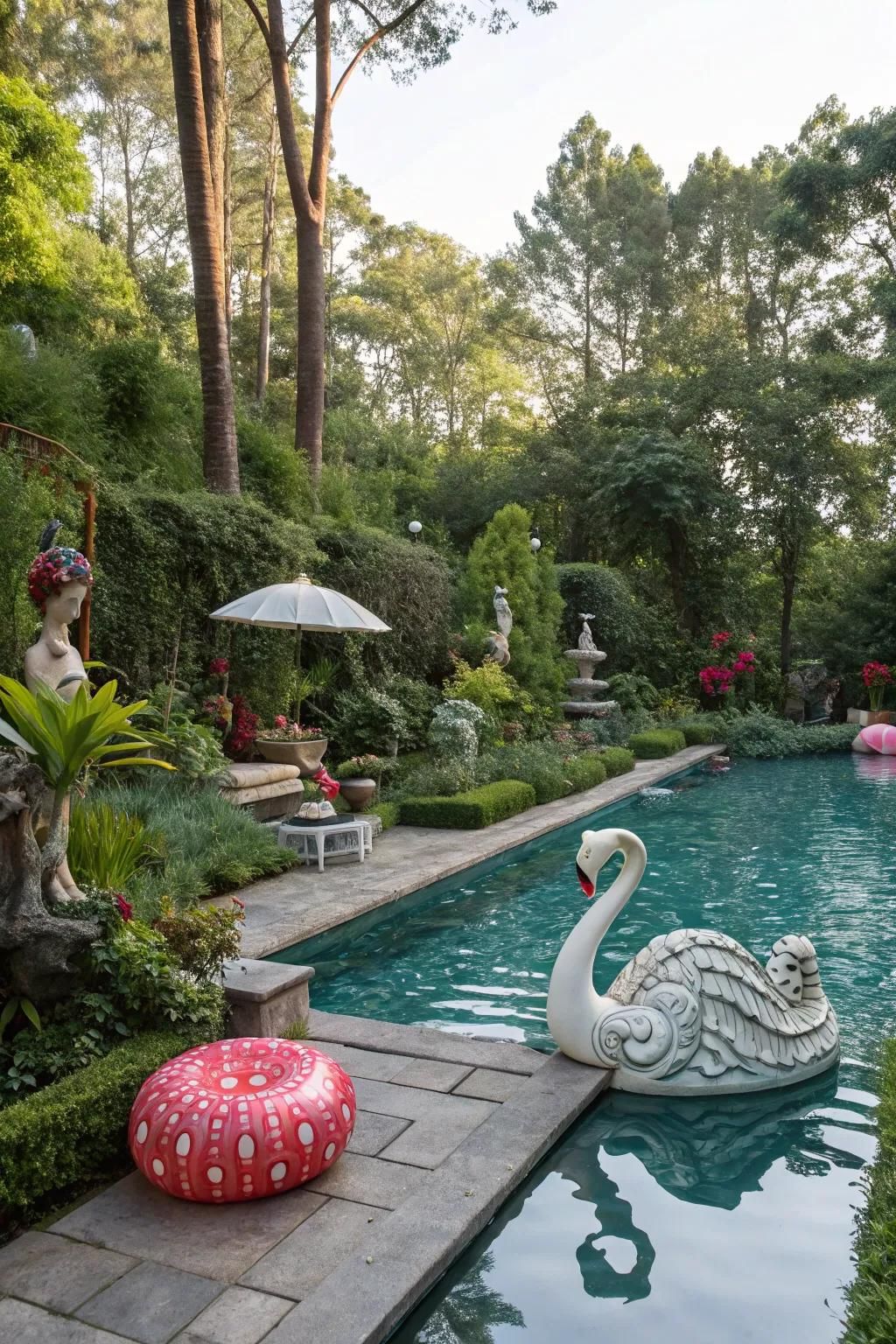 Garden art adds whimsy and charm to your poolside space.