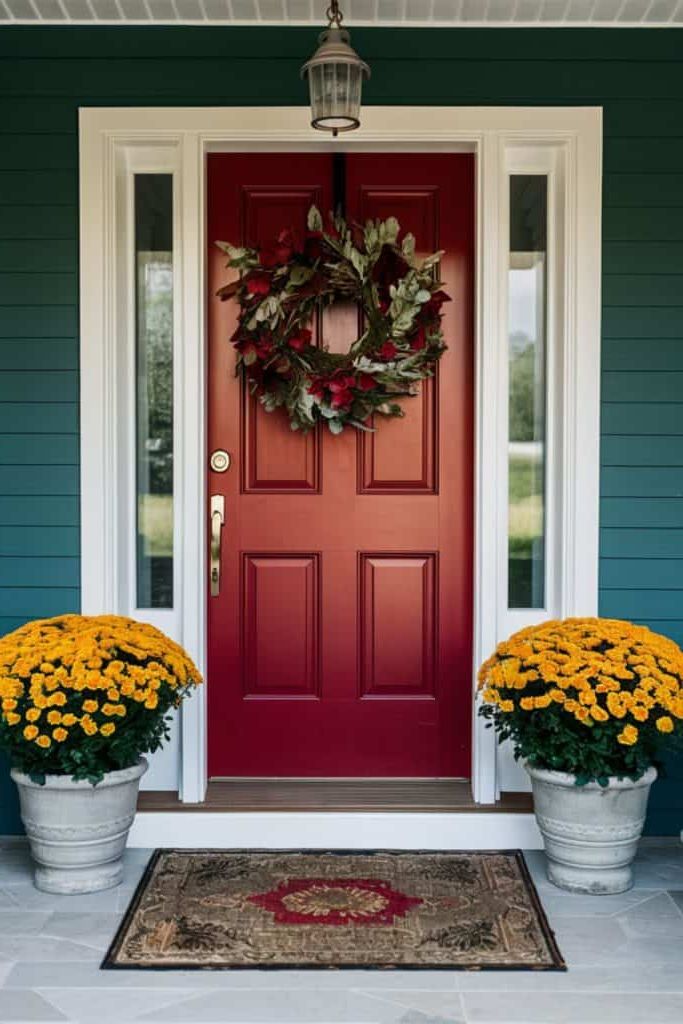 Fall porch with red door, wreath, and yellow mums