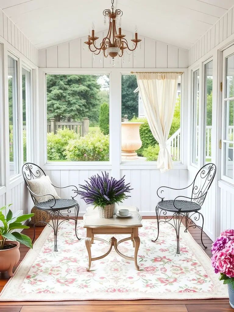 A charming French country-style screened-in porch featuring wrought iron chairs, a wooden coffee table, floral rug, and lush greenery.