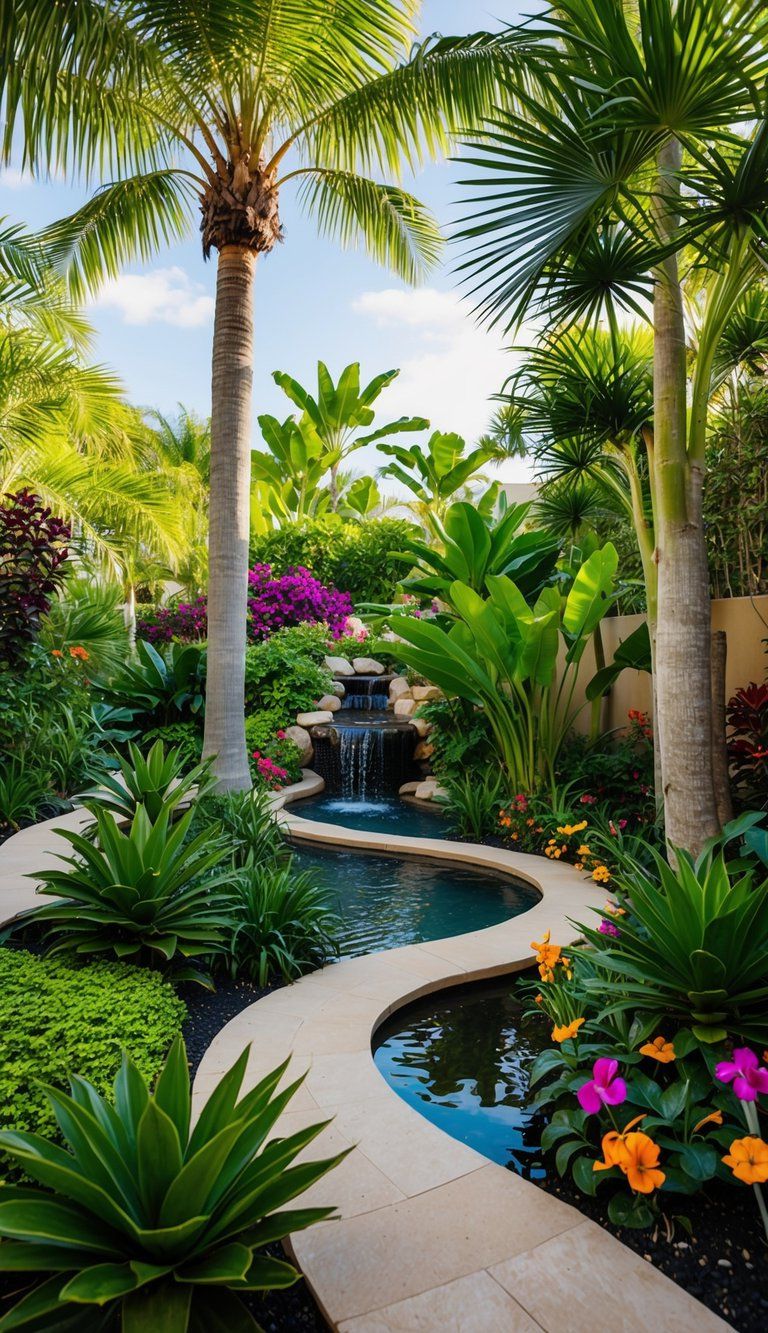 A lush backyard oasis with palm trees, tropical plants, a winding pathway, and a serene water feature surrounded by vibrant flowers and foliage