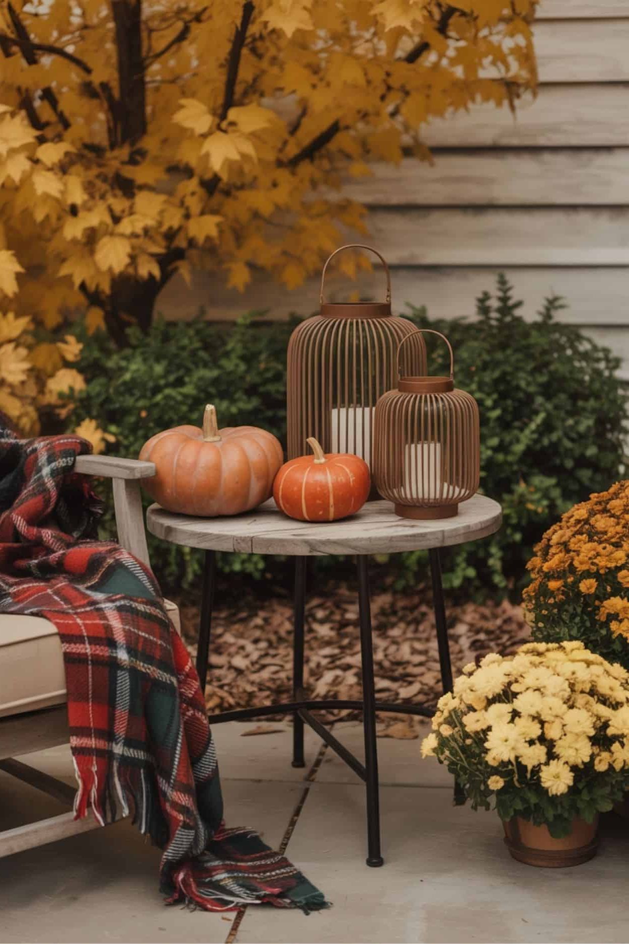 Fall Porch Table Decor with Lanterns