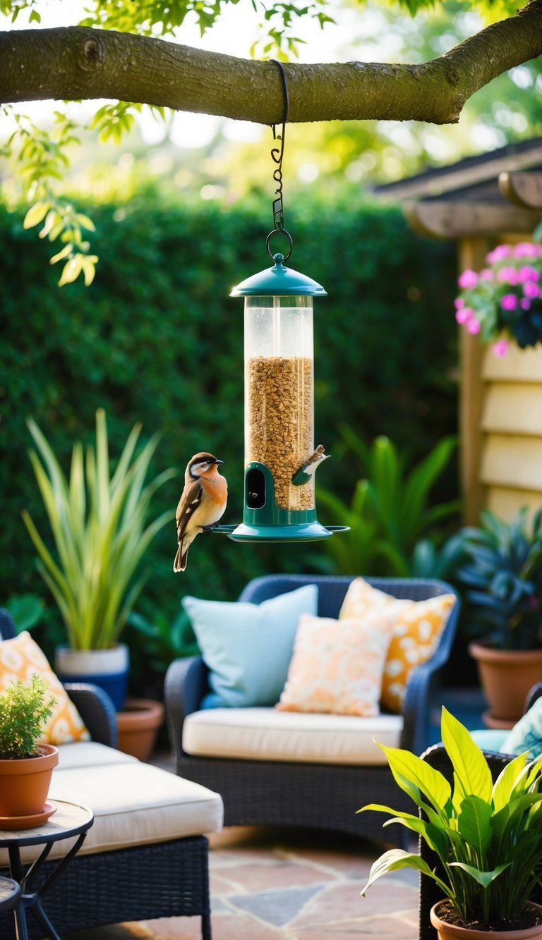 A bird feeder hangs from a tree branch in a cozy backyard patio, surrounded by potted plants and comfortable seating