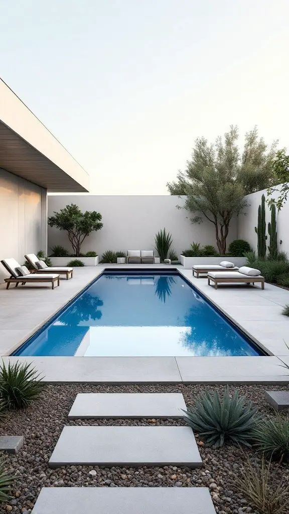 A modern small pool surrounded by minimalist landscaping, featuring lounge chairs and concrete stepping stones.