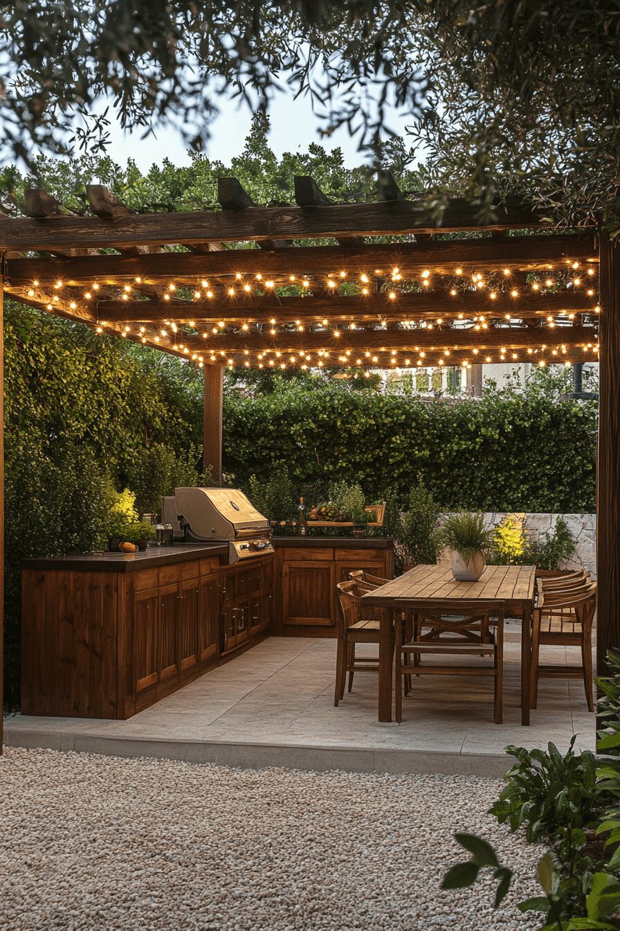 An outdoor kitchen under a wooden pergola with hanging string lights, a built-in grill, and a dining area with wooden furniture, set against a lush garden backdrop.