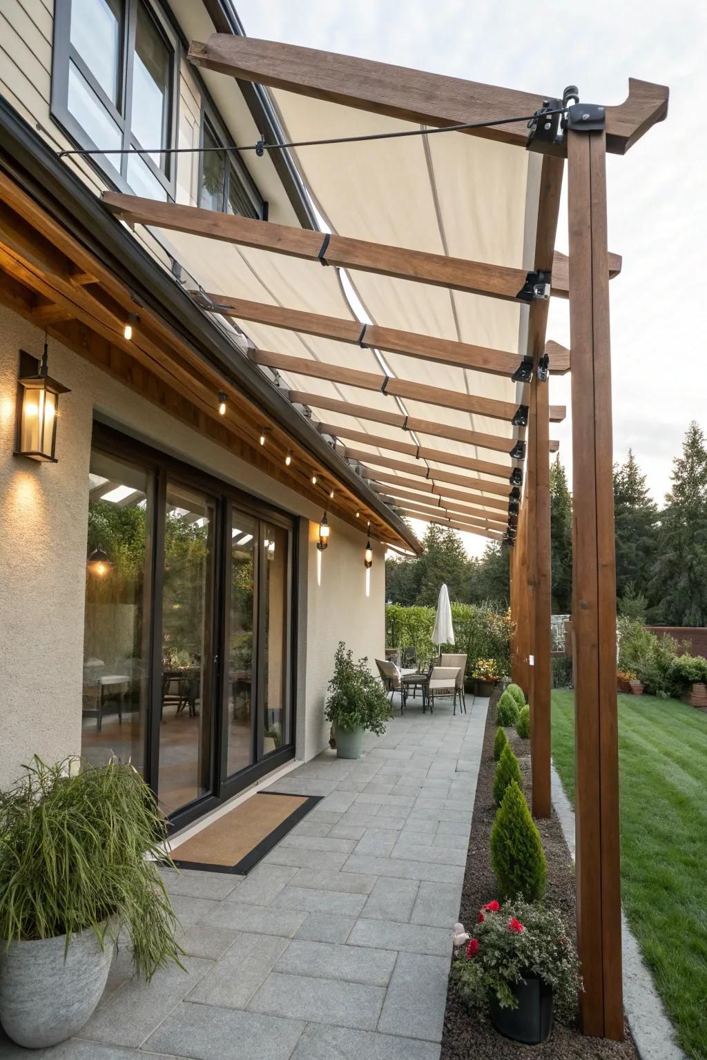 A pergola featuring adjustable shades for versatile sun protection.
