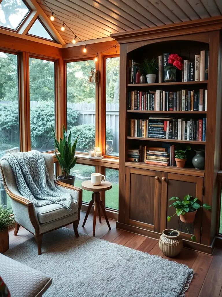 Cozy screened-in back porch with built-in bookshelf, comfortable chair, and plants