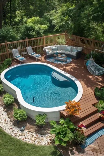 Aerial view of a luxurious backyard poolside with cushioned chairs, loungers, a hammock, side tables, outdoor rugs, and vibrant pillows surrounded by greenery and flowers