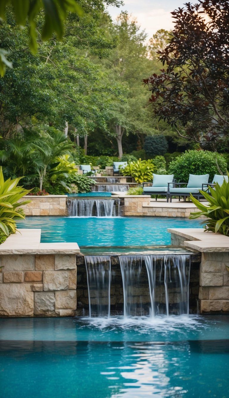 A serene poolside landscape with a cascading waterfall surrounded by lush greenery and tranquil seating areas