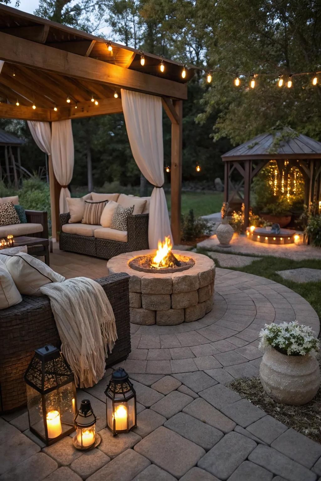 A detached patio with a welcoming fire pit setup for cozy evenings.
