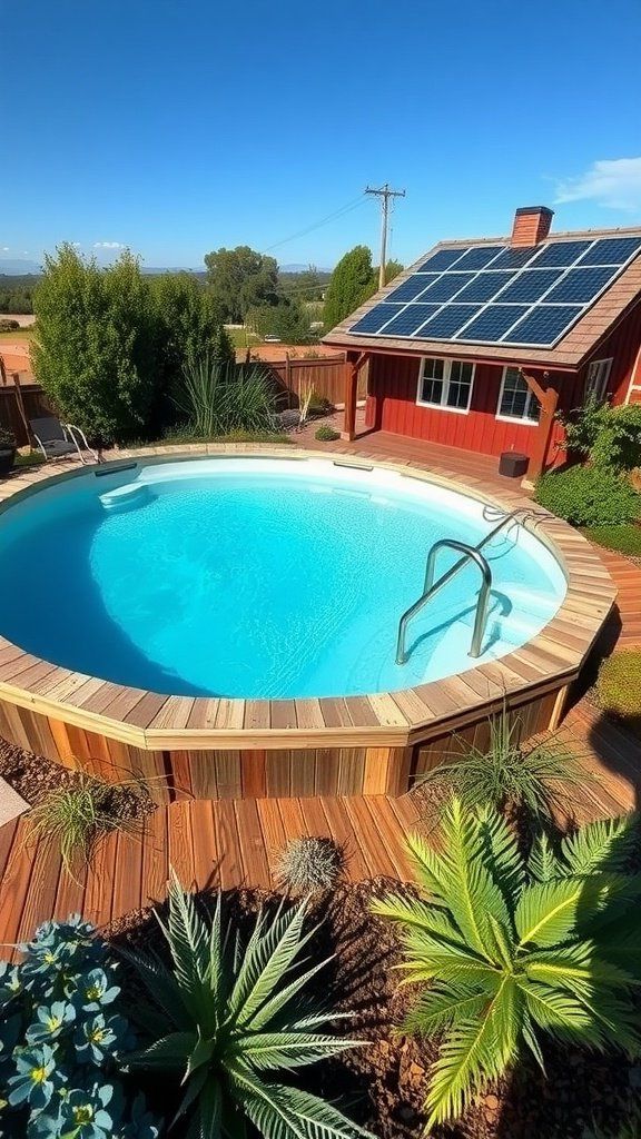 Eco-friendly above ground pool surrounded by plants and a stone border.