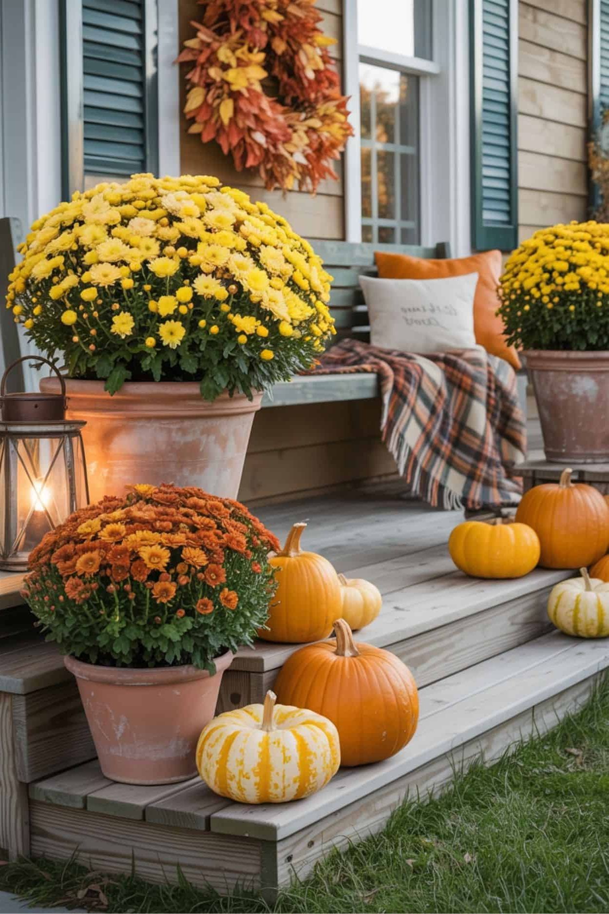 Porch Steps Decorated with Mums and Pumpkins