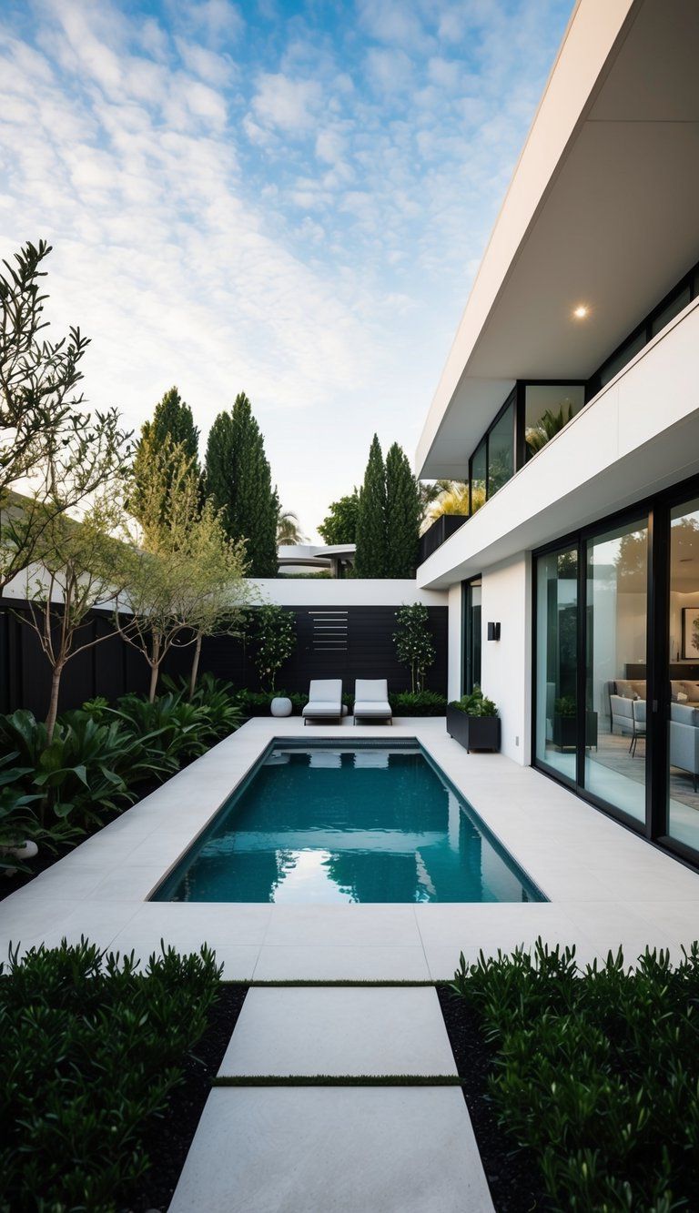 A modern backyard with a cozy pool surrounded by lush landscaping and contemporary design features