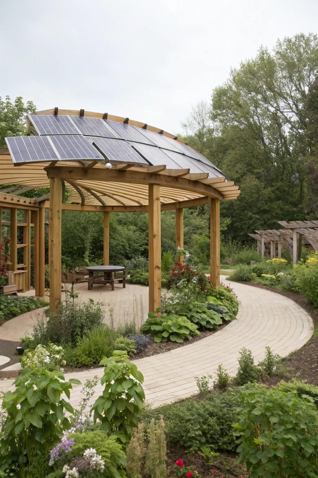 Solar panels on a pergola provide an eco-friendly energy solution.