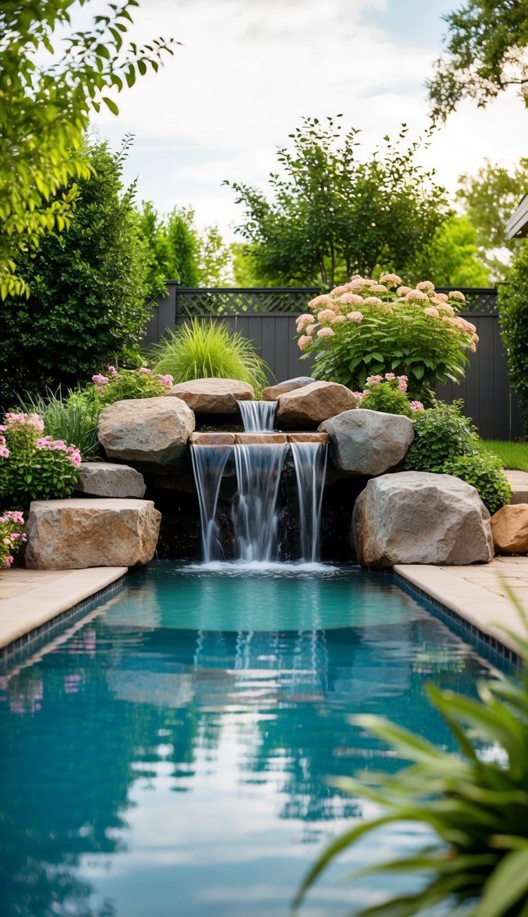 A tranquil backyard scene with a rock waterfall cascading into a pool surrounded by lush greenery and flowers