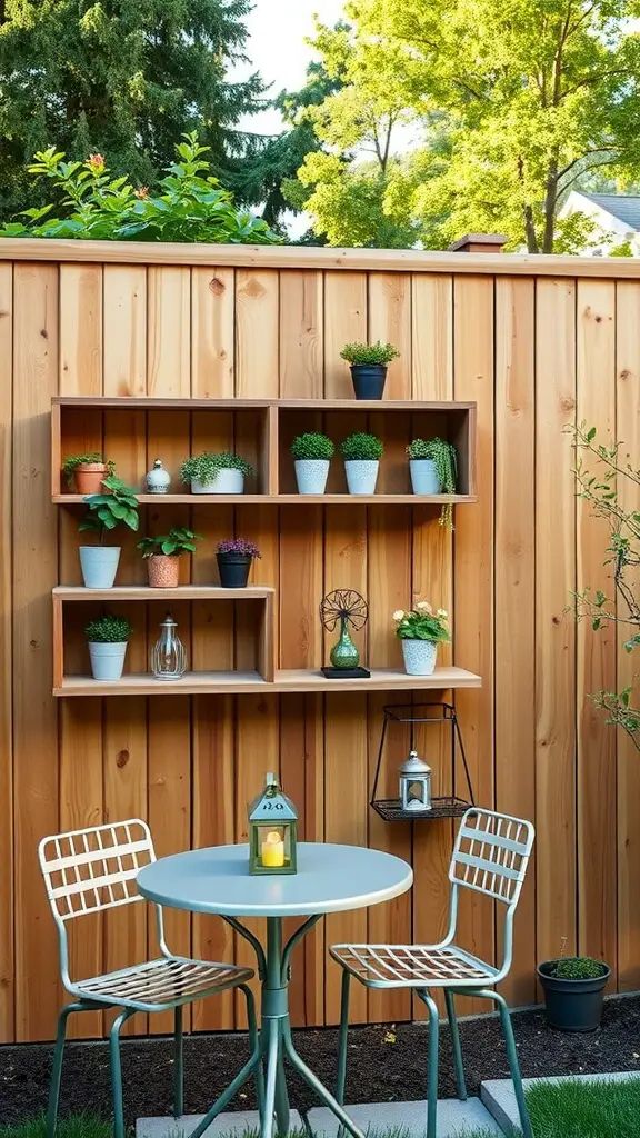 A wooden privacy fence with decorative outdoor shelving displaying potted plants, next to a small round table and chairs.