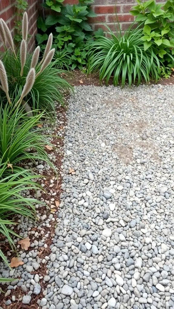 A section of a gravel garden with green plants surrounding it.