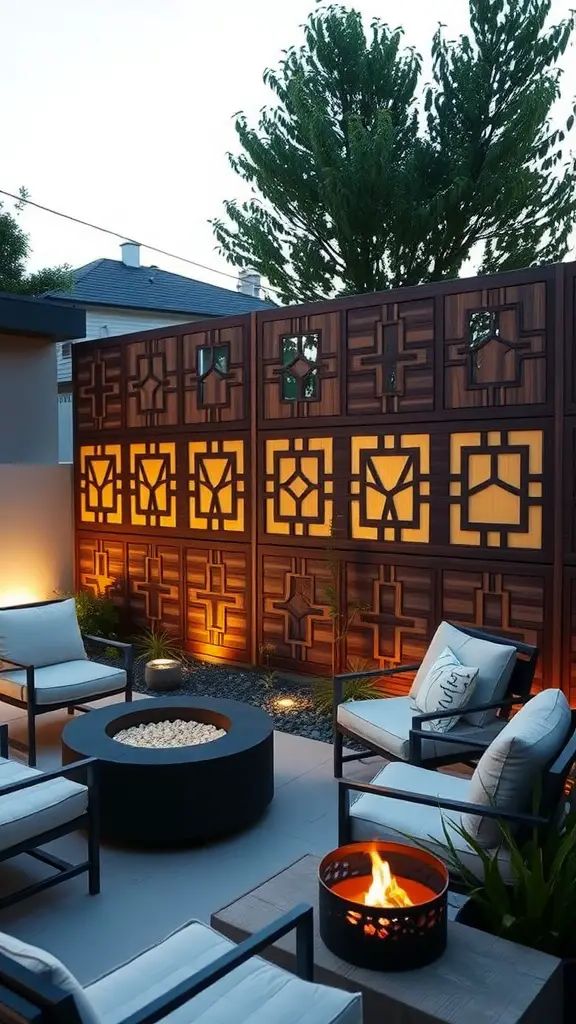 A modern backyard featuring a wooden privacy fence with geometric cut-out designs, soft lighting, seating, and a fire pit.