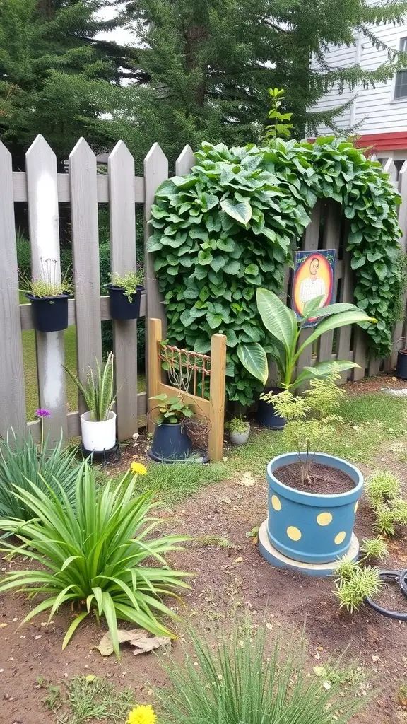 A small garden with a wooden fence, climbing plants, and decorative pots.