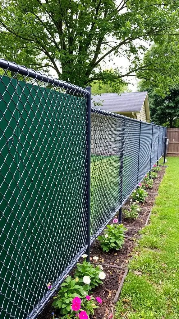 A chain link fence with green privacy slats and flowering plants along the base.