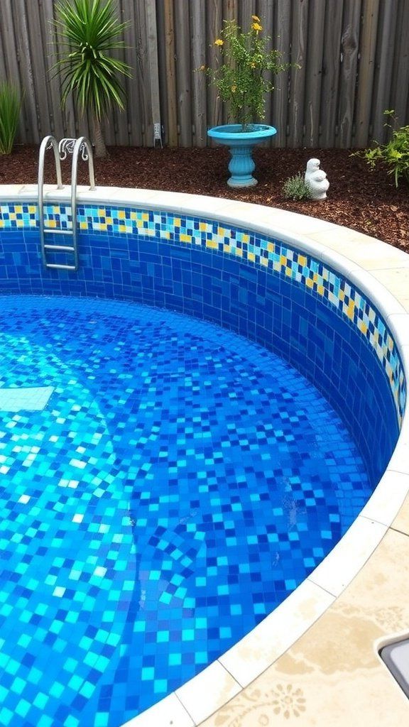 Colorful mosaic tile design around an above ground pool with tropical plants in the background
