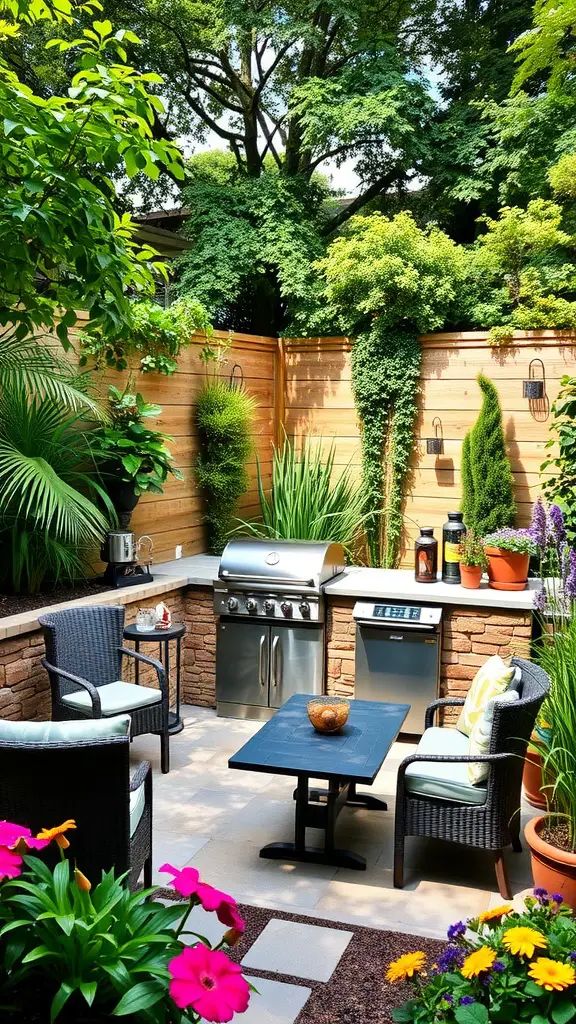 A small garden with a BBQ setup, featuring a grill, outdoor seating, and vibrant flowers.