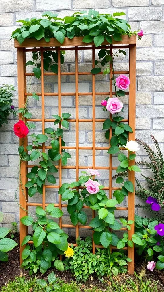 A wooden trellis adorned with pink and red climbing roses against a brick wall.