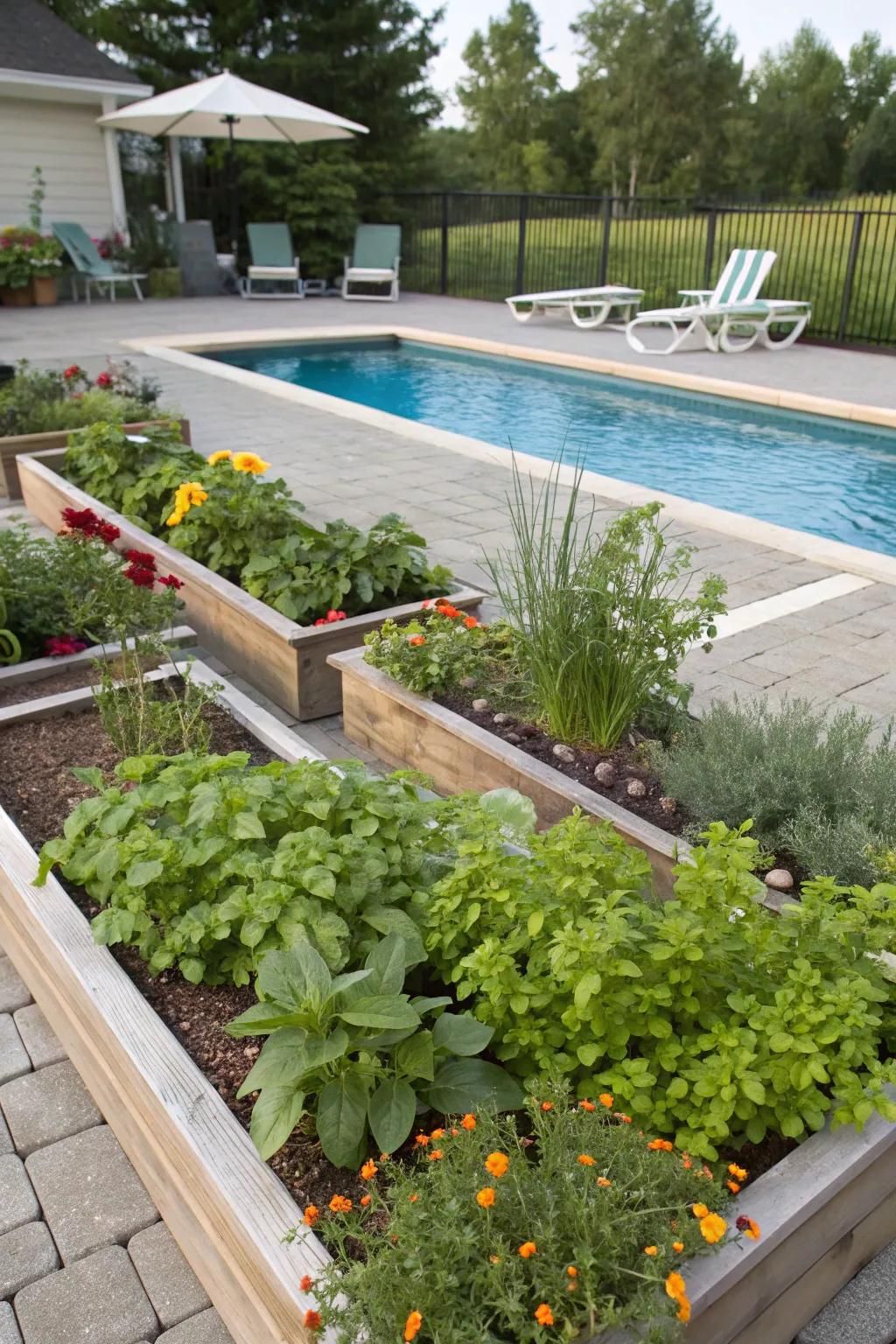 Herb gardens add fresh flavors and fragrance to your pool area.