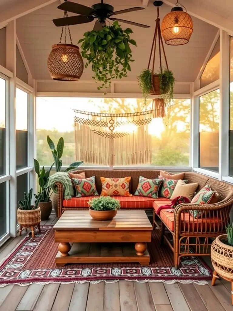 Bohemian-inspired screened back porch with rattan furniture, colorful cushions, hanging plants, and warm sunlight.