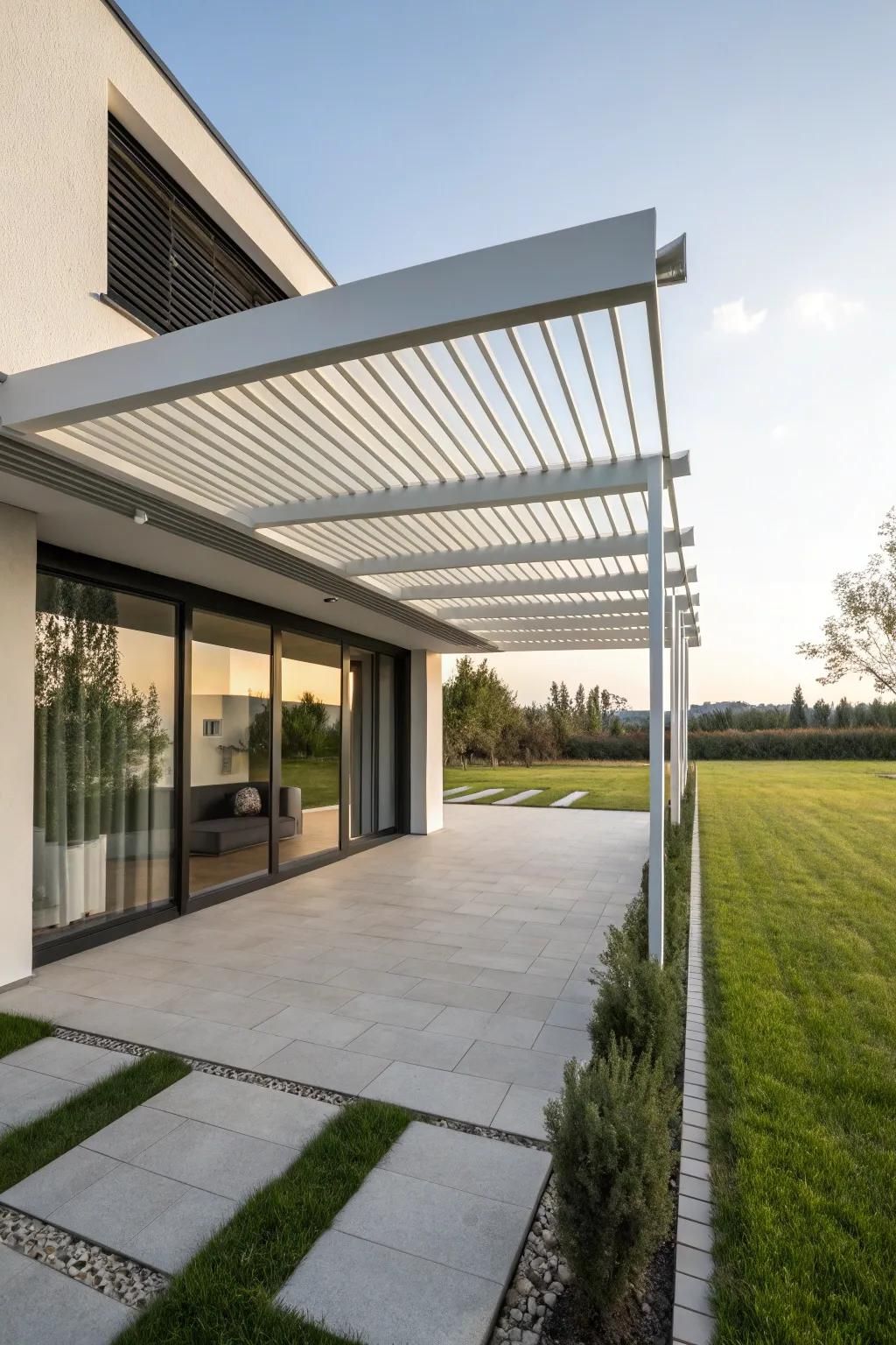 A minimalist pergola design that harmonizes with a contemporary home.