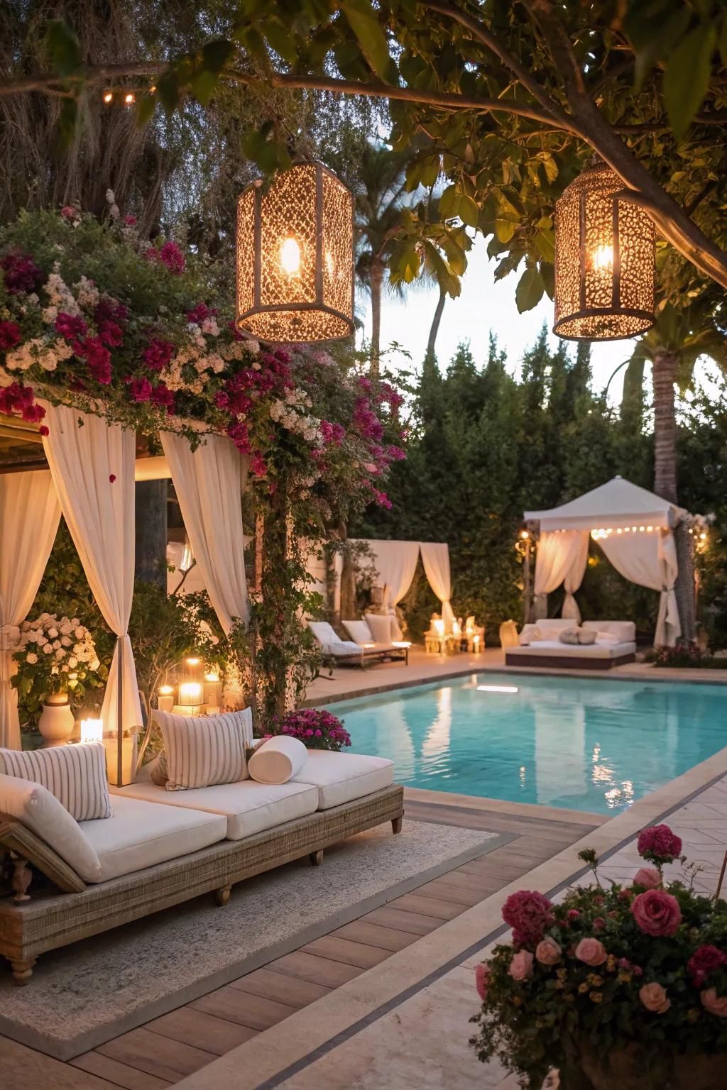 An elegant evening soiree transforms the poolside into a sophisticated retreat.