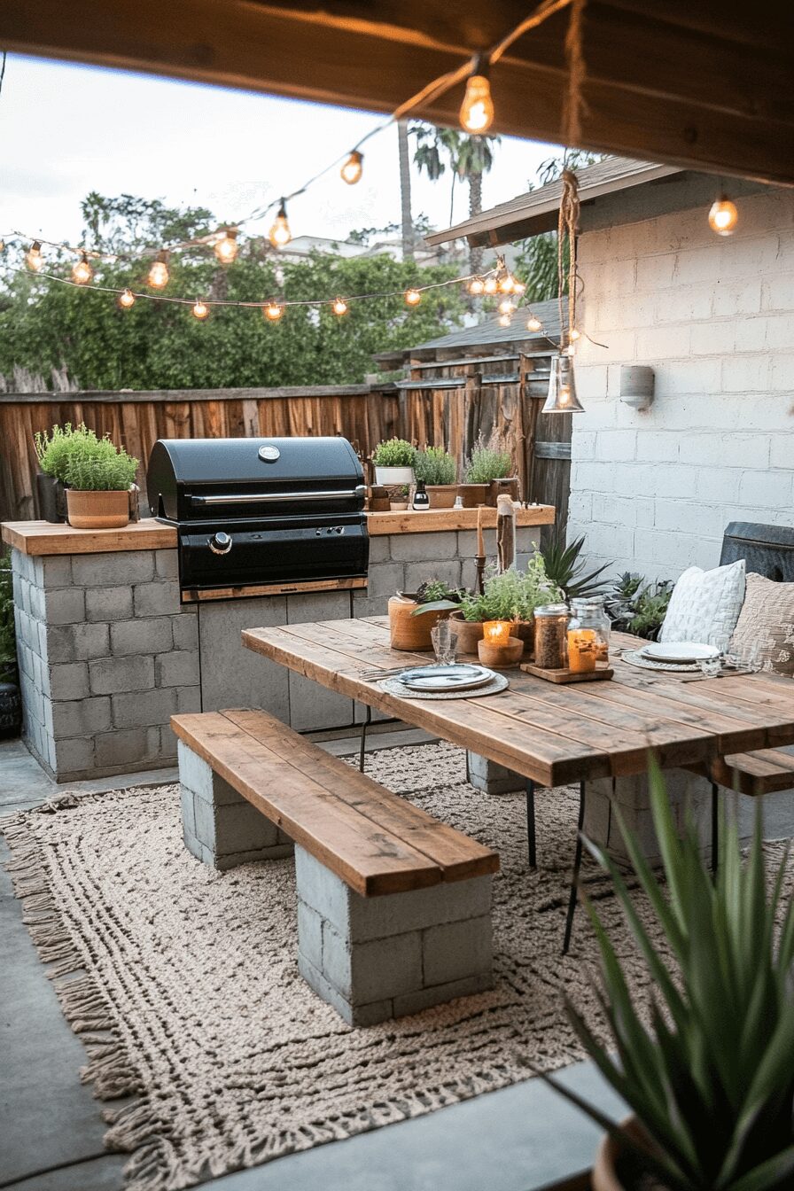 An outdoor kitchen built with cinder blocks and reclaimed wood, featuring a simple grill setup and a small wooden dining table, surrounded by budget-friendly decor like potted plants and string lights.