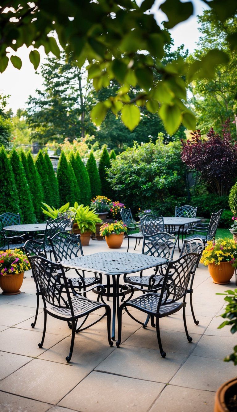 A backyard patio with 20 wrought iron chairs arranged in various seating areas, surrounded by lush greenery and colorful potted plants