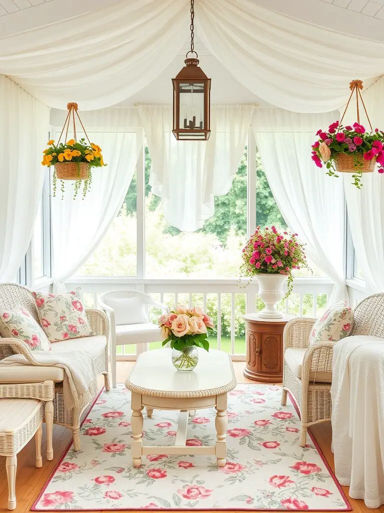 Charming cottage-style screened porch with floral accents, featuring wicker furniture, white drapes, and colorful hanging plants.