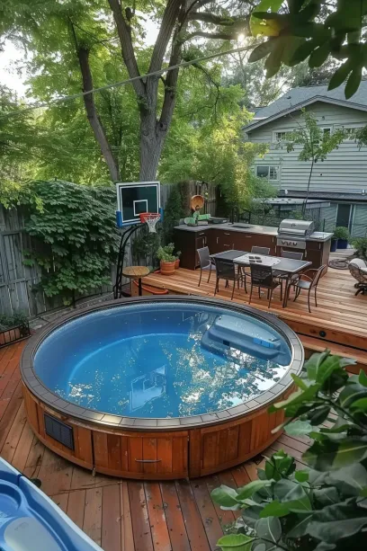 above ground pool, fun with basketball