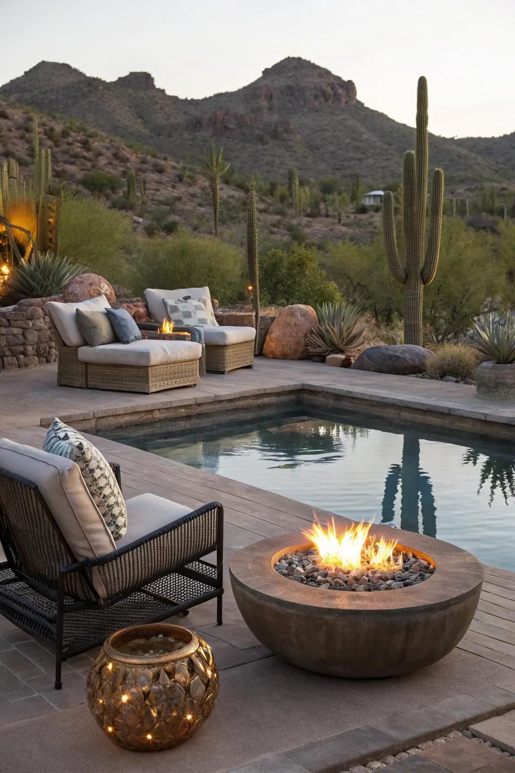 Fire pits create a warm, inviting atmosphere in any pool area.