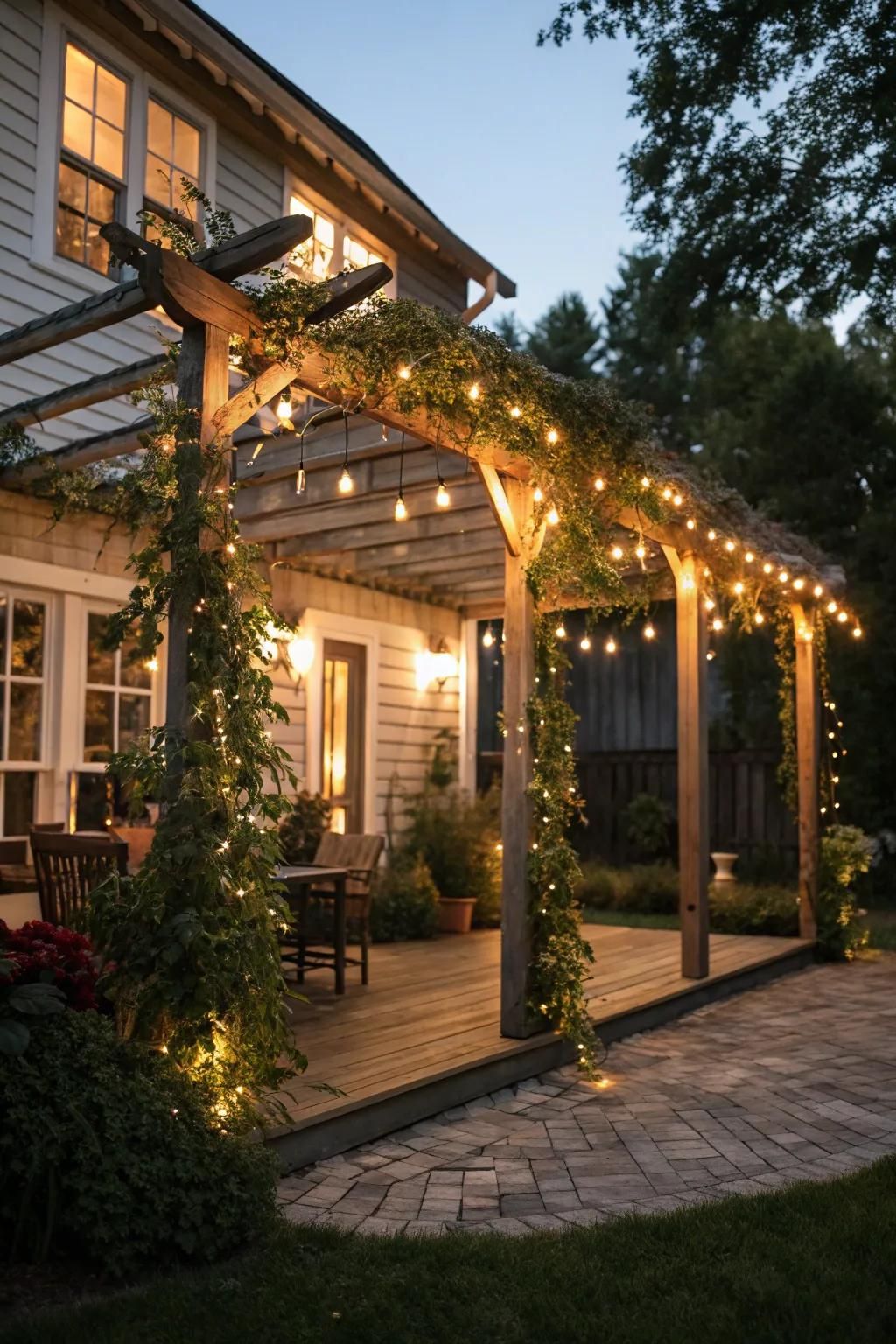 A pergola with built-in lighting, creating an enchanting evening ambiance.