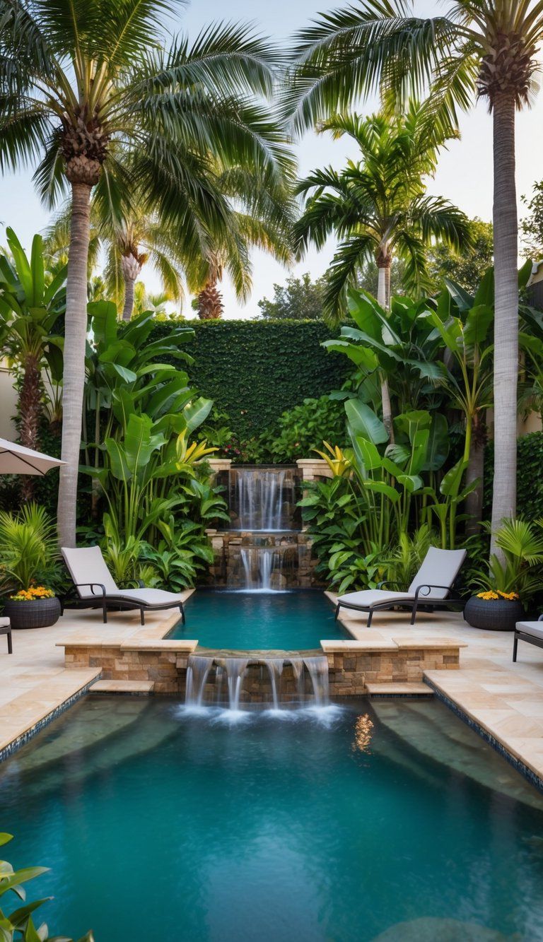 A lush backyard oasis with palm trees, tropical plants, a flowing waterfall, and a serene pool surrounded by lounge chairs and a hammock