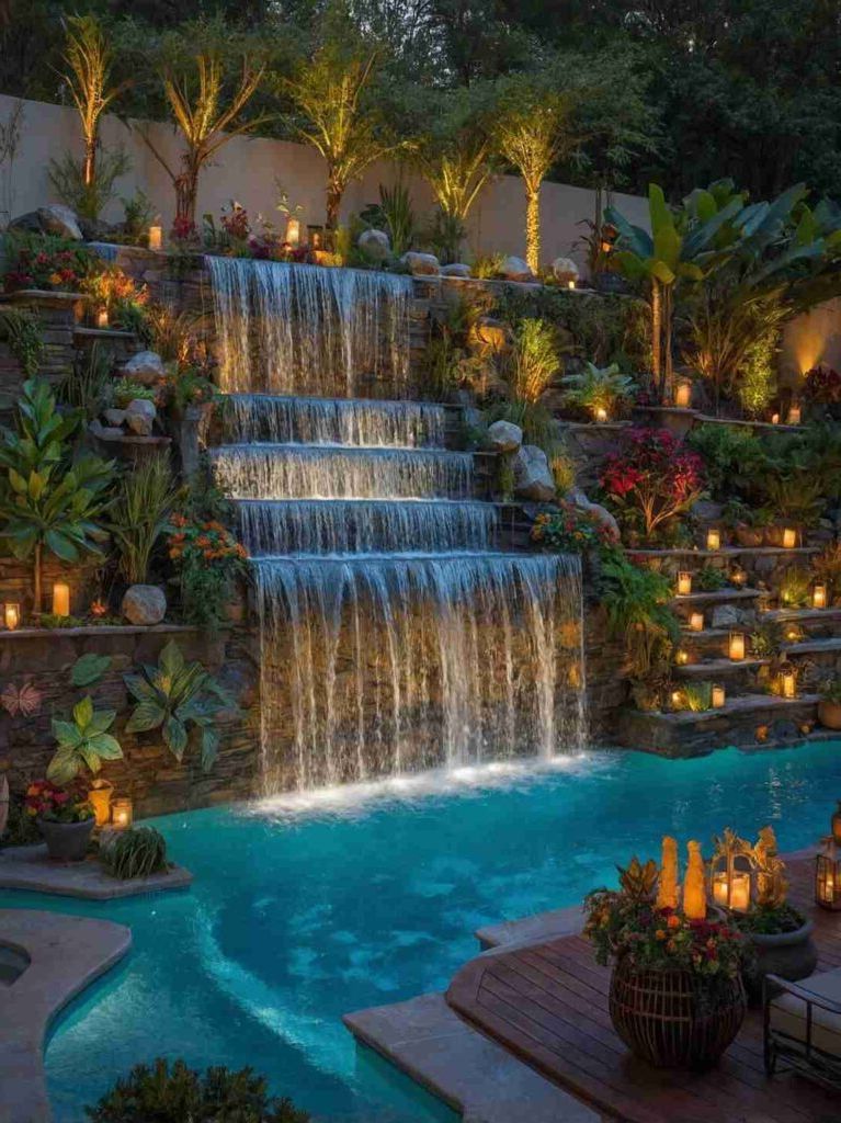Small Backyard Pool Ideas with Waterfall