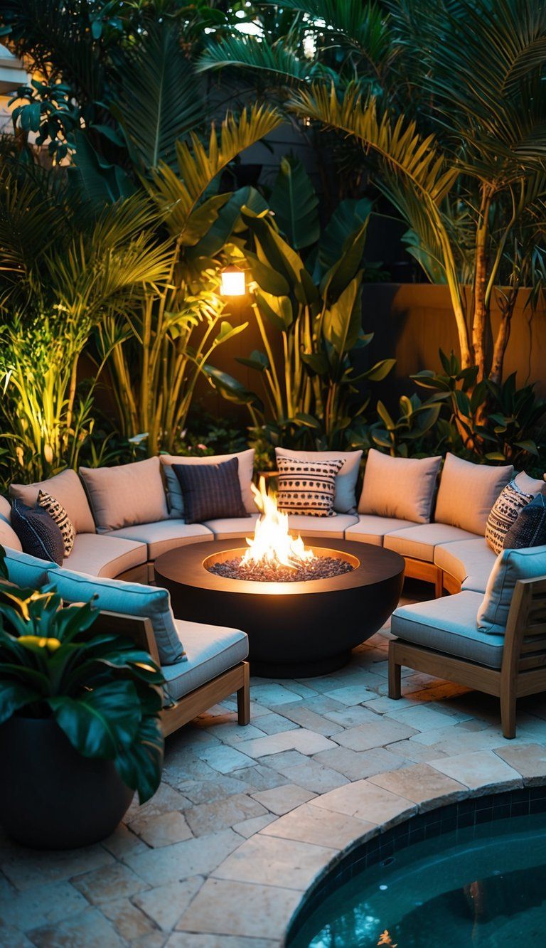 A circular fire pit surrounded by cozy seating, nestled in the corner of a lush poolside landscape with tropical plants and ambient lighting