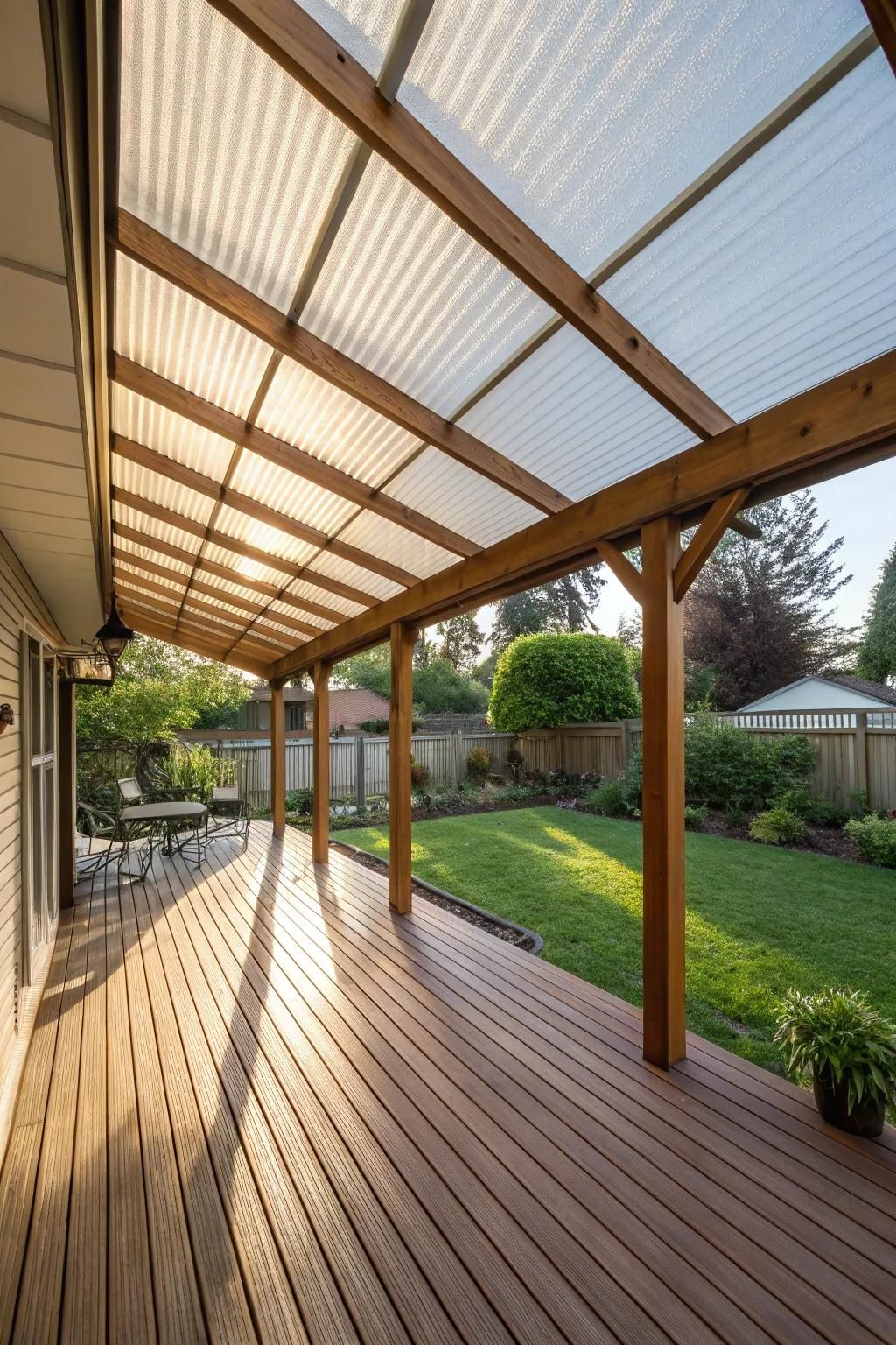 Corrugated plastic roofing brings light and protection to your deck.