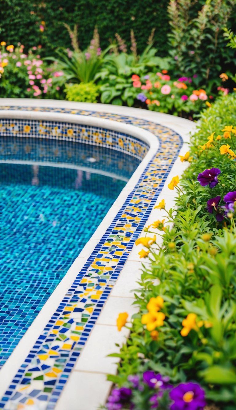 A mosaic tile design adorns the pool's edge, surrounded by lush greenery and colorful flowers, creating a vibrant and inviting landscape
