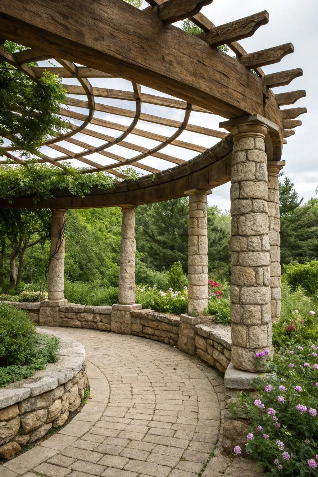 A rustic stone pergola seamlessly integrates with the natural environment.