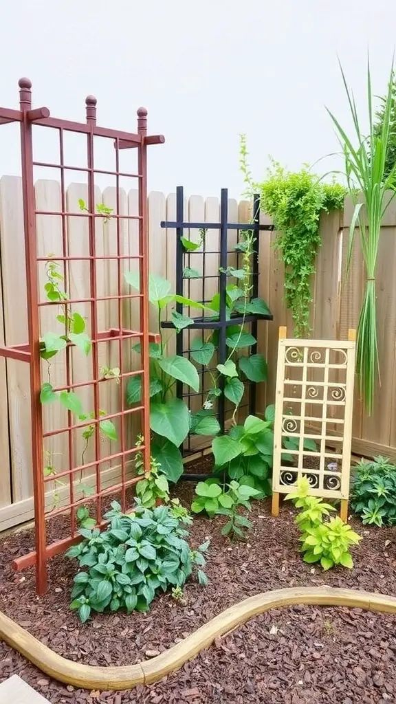 Three decorative trellises in a small garden with green plants surrounding them.