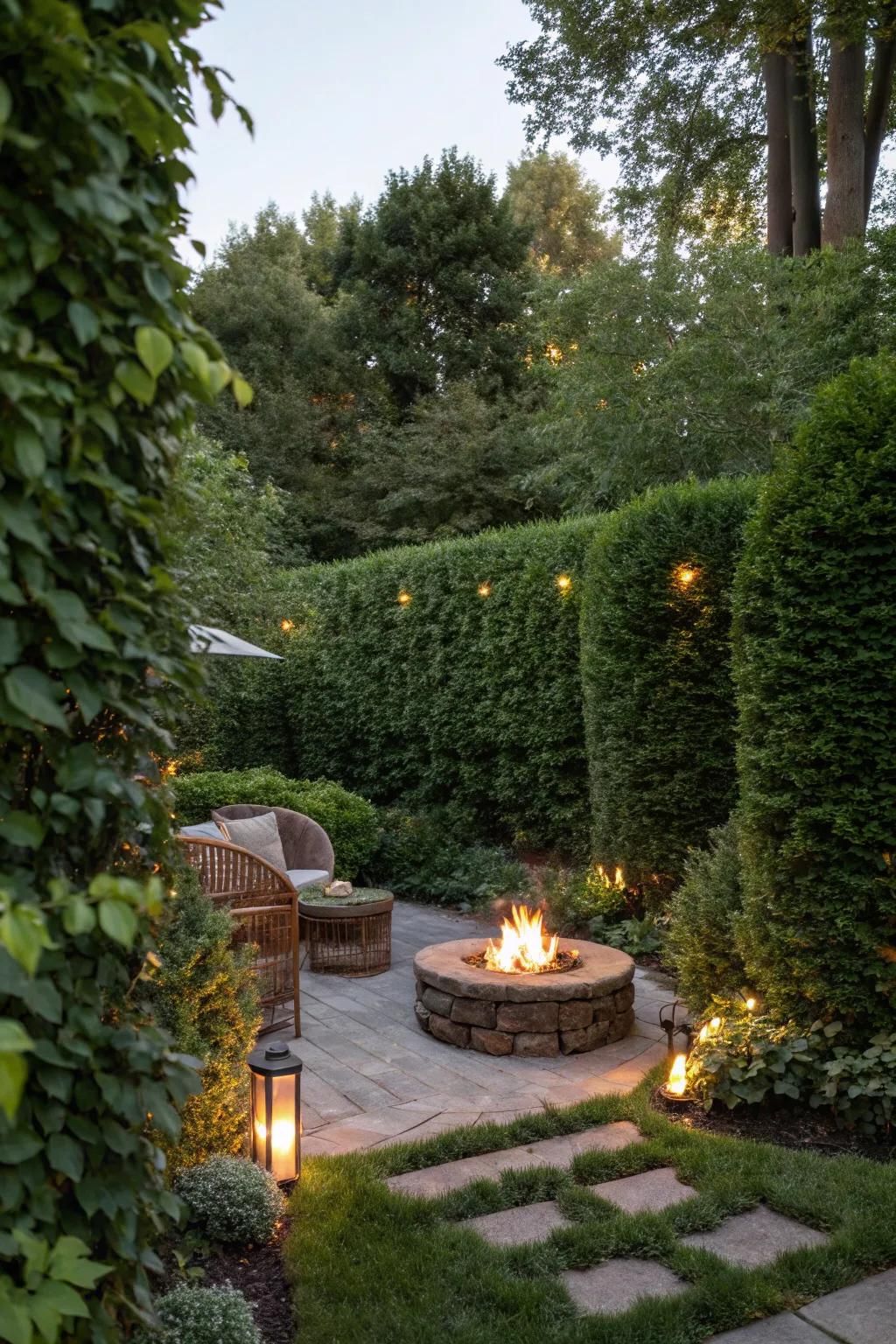 Green walls offer privacy and a serene backdrop for the fire pit.
