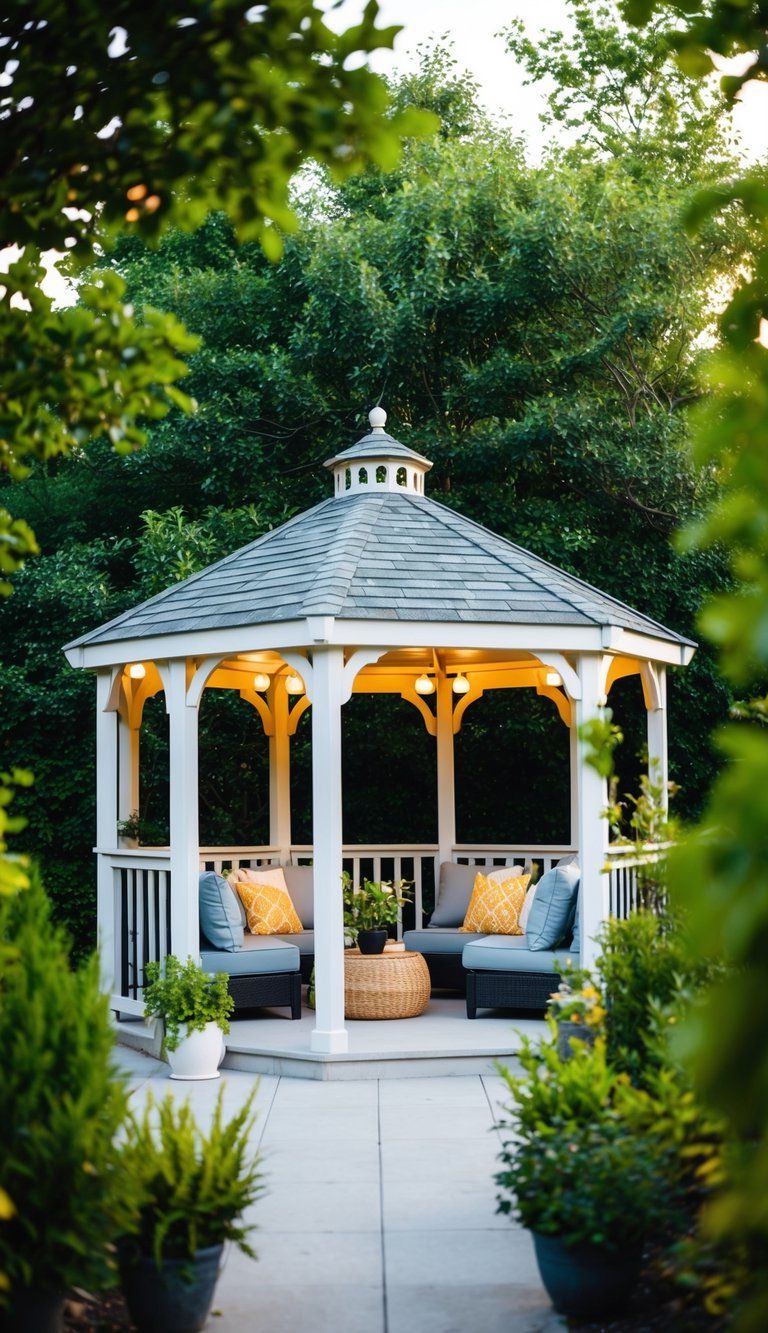 A gazebo surrounded by lush greenery, with comfortable seating and soft lighting, creating a cozy and inviting backyard patio space