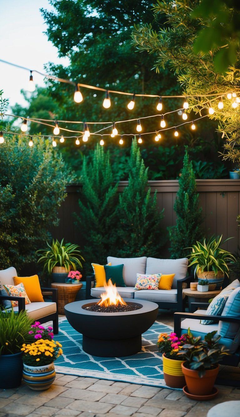 A cozy backyard patio with string lights, a fire pit, and comfortable seating surrounded by lush greenery and colorful potted plants